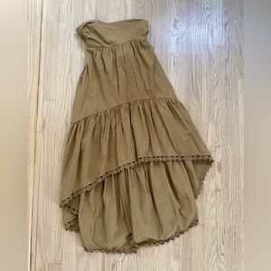 Anthropologie Olive/Tan Ruffled Tiered Strapless Tie Dress size small